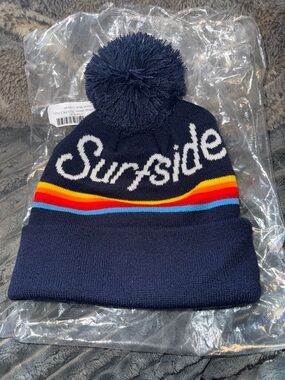 New unisex Surfside Pom Pom Beanie - Navy with Rainbow Stripes Bar promotions